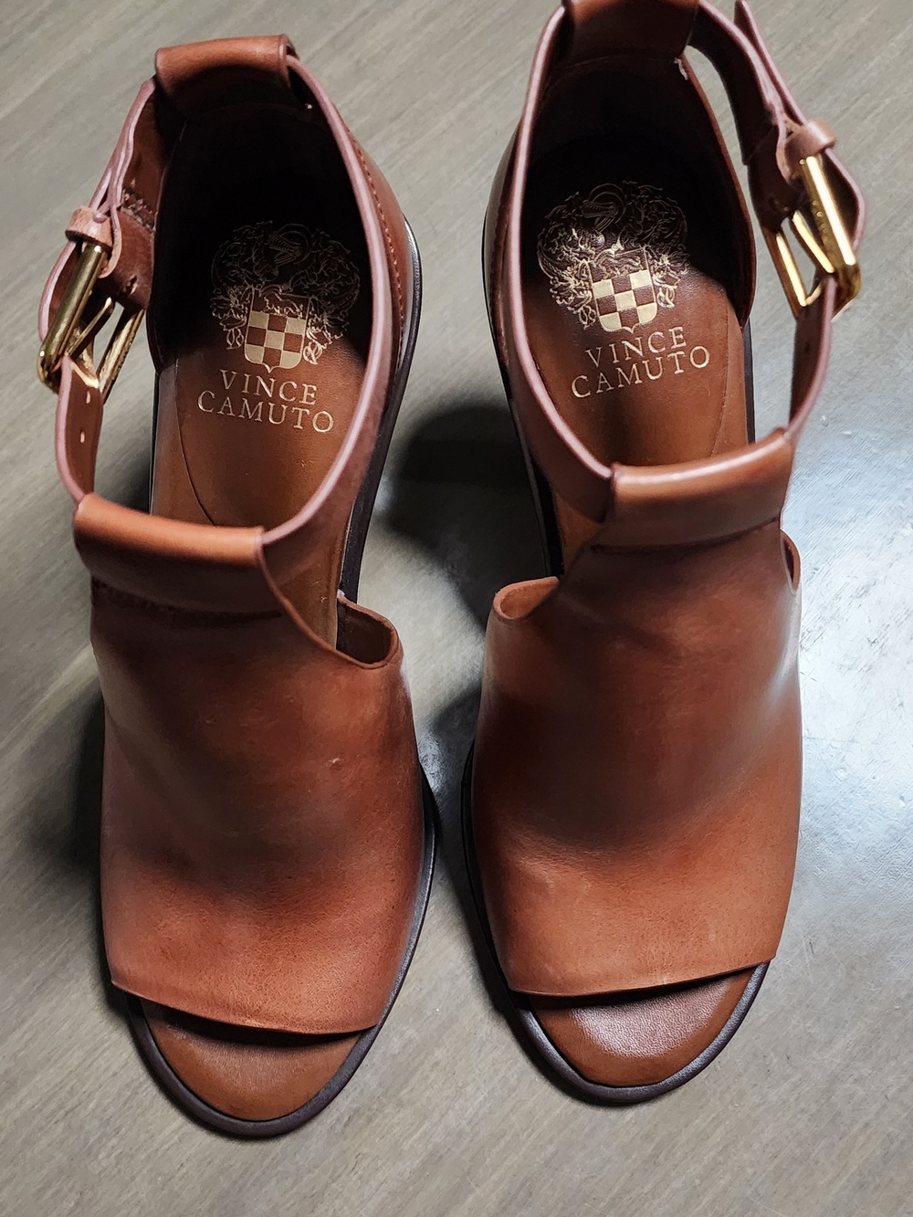 Vince Camuto Brown Leather Open-Toe Ankle Strap Heels with Gold Buckle